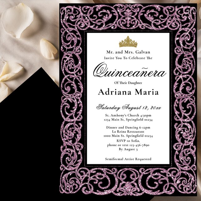 Invitación Elegant Quinceanera Invitation Pink Scrollwork (Subido por el creador)