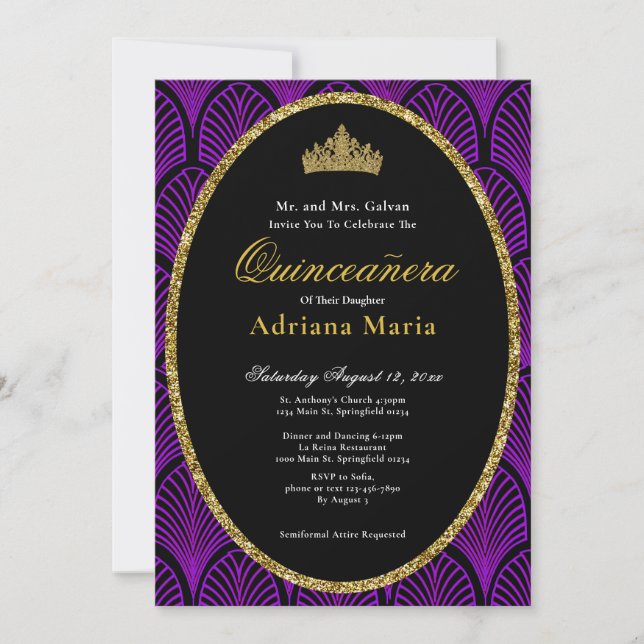 Invitación Elegant Quinceanera Invitation Purple Art Deco (Anverso)