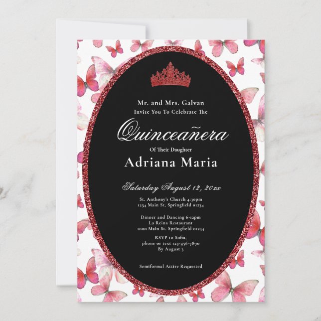 Invitación Elegant Quinceanera Invitation Red Butterflies (Anverso)