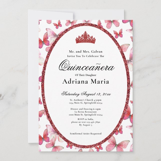 Invitación Elegant Quinceanera Invitation Red Butterflies (Anverso)