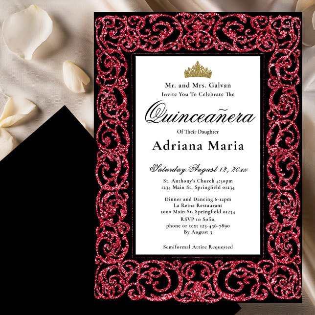 Invitación Elegant Quinceanera Invitation Red Scrollwork (Subido por el creador)