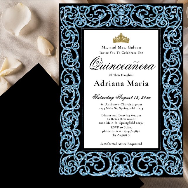 Invitación Elegant Quinceanera Invitation Sky Blue Scrollwork (Subido por el creador)