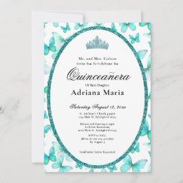 Invitación Elegant Quinceanera Invitation Teal Butterflies