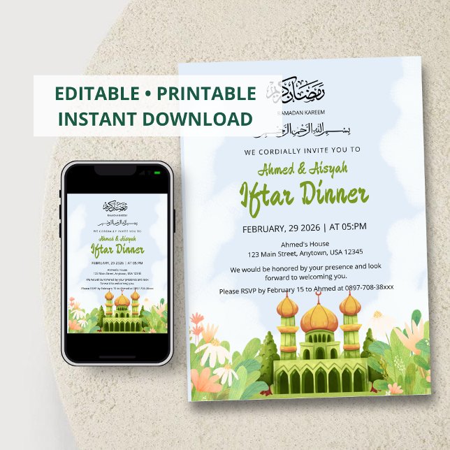 Invitación Elegant Ramadan Iftar Invitation with Green Mosque (Subido por el creador)