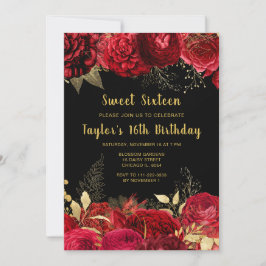 Invitación Elegant Red and Gold Flowers Sweet Sixteen