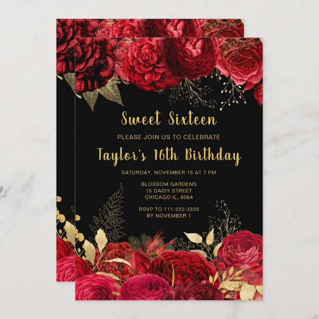 Invitación Elegant Red and Gold Flowers Sweet Sixteen (Anverso / Reverso)