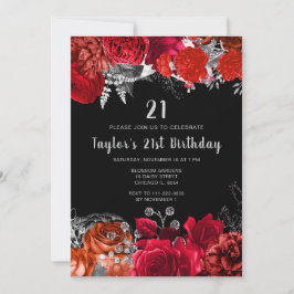 Invitación Elegant Red and Silver Flowers Birthday Party