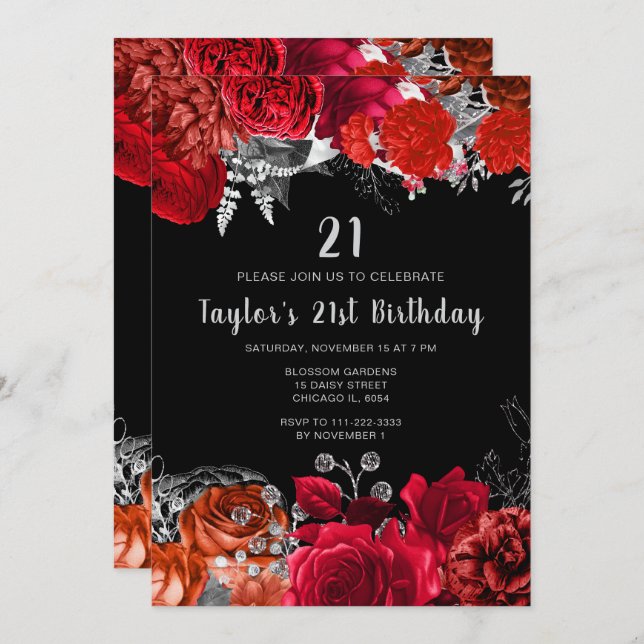 Invitación Elegant Red and Silver Flowers Birthday Party (Anverso / Reverso)