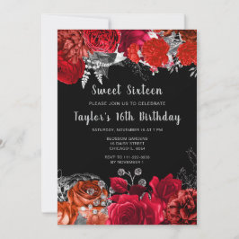 Invitación Elegant Red and Silver Flowers Sweet Sixteen