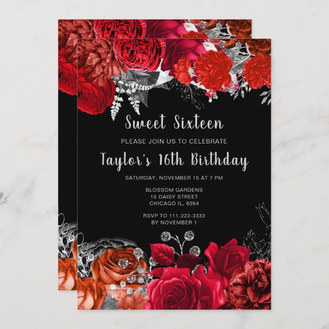 Invitación Elegant Red and Silver Flowers Sweet Sixteen (Anverso / Reverso)