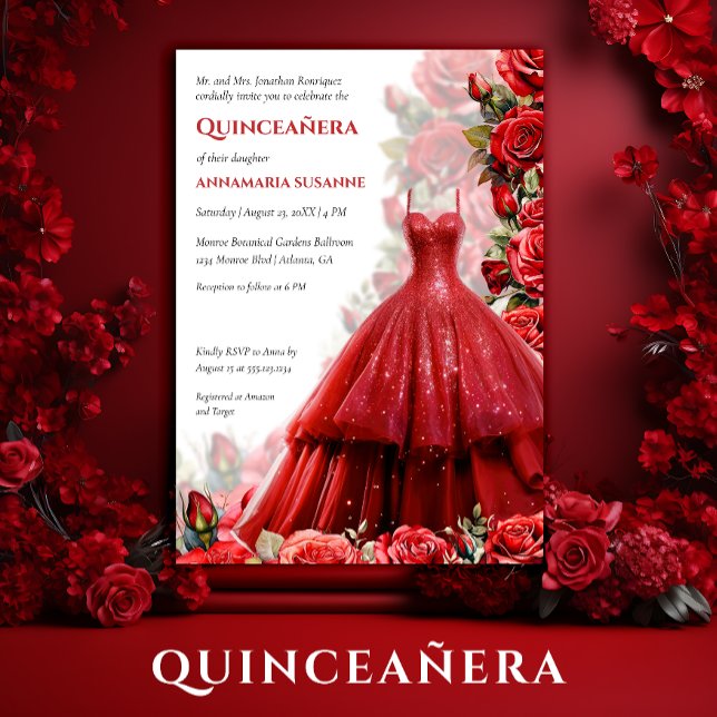 Invitación Elegant Red Ball Gown Red Roses Quinceanera | (Subido por el creador)