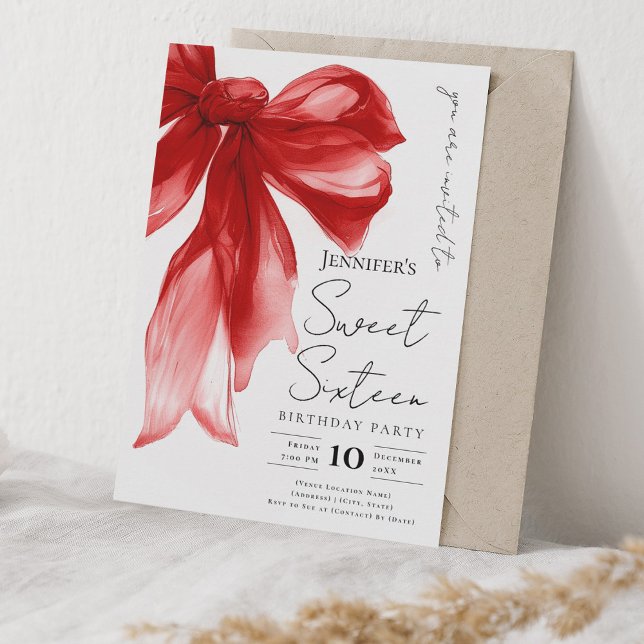 Invitación Elegant Red Bow Coquette Script Sweet 16 Party  (Elegant Red Bow Coquette Script Sweet 16 Party Invitation)