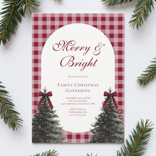 Invitación Elegant Red Bow Gingham Family Christmas Party (Elegant Red Bow Gingham Family Christmas Party Invitation)