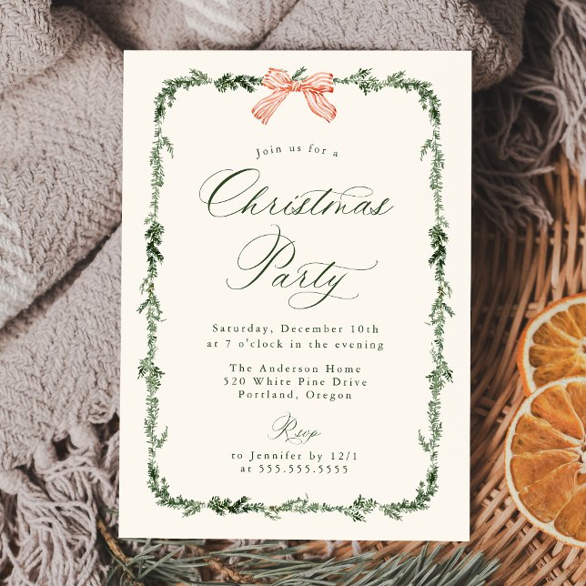 Invitación Elegant Red Bow Greenery Garland Christmas Party (Subido por el creador)