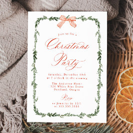 Invitación Elegant Red Bow Greenery Garland Christmas Party