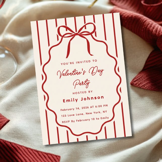 Invitación Elegant Red Bow Valentine’s Day Party Invitation (Subido por el creador)