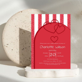 Invitación Elegant Red Chalk Stripe Triple Hearts Baby Shower