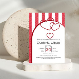 Invitación Elegant Red Chalk Stripe Triple Hearts Baby Shower