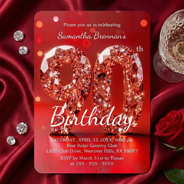 Invitación Elegant Red Diamond Gemstone Glamour 90th Party (Subido por el creador)