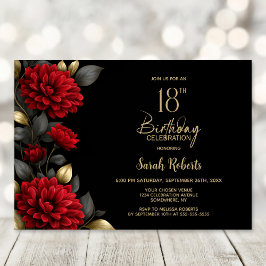 Invitación Elegant Red Floral Black 18th Birthday Party