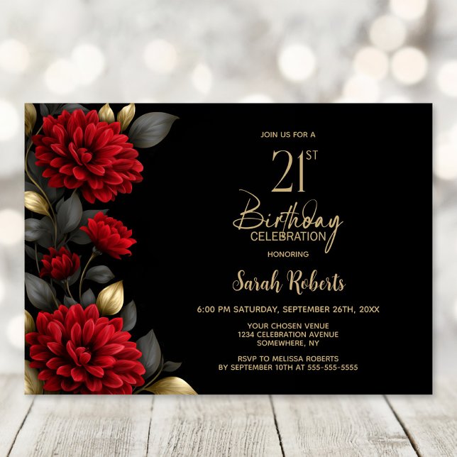 Invitación Elegant Red Floral Black 21st Birthday Party (Subido por el creador)