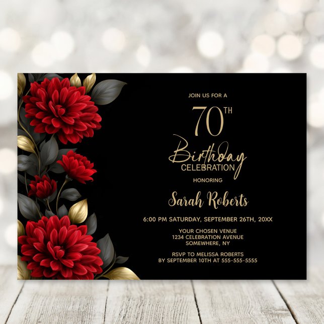 Invitación Elegant Red Floral Black 70th Birthday Party (Subido por el creador)