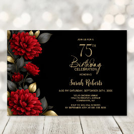 Invitación Elegant Red Floral Black 75th Birthday Party
