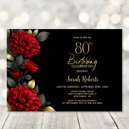 Invitación Elegant Red Floral Black 80th Birthday Party