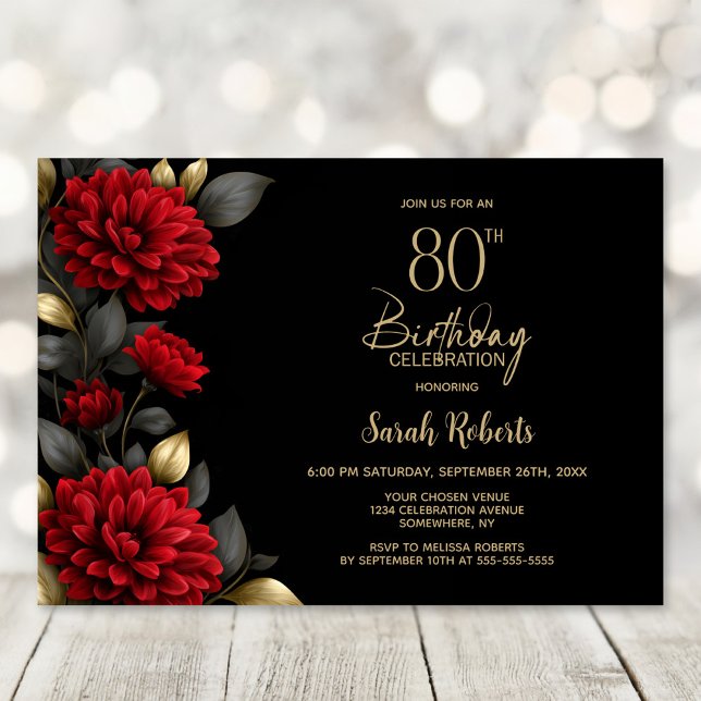 Invitación Elegant Red Floral Black 80th Birthday Party (Subido por el creador)