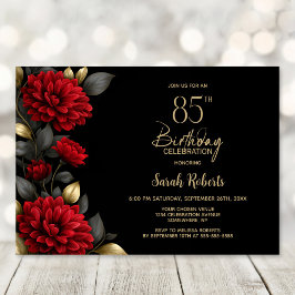 Invitación Elegant Red Floral Black 85th Birthday Party