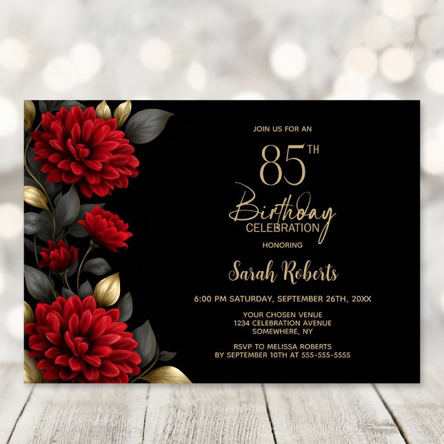 Invitación Elegant Red Floral Black 85th Birthday Party (Subido por el creador)