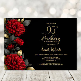 Invitación Elegant Red Floral Black 95th Birthday Party