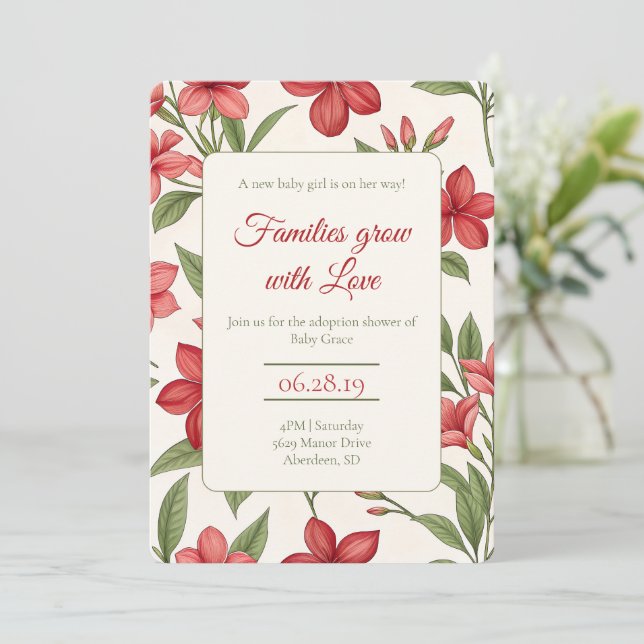 Invitación Elegant Red Floral Botanical Adoption Shower (Anverso de pie)