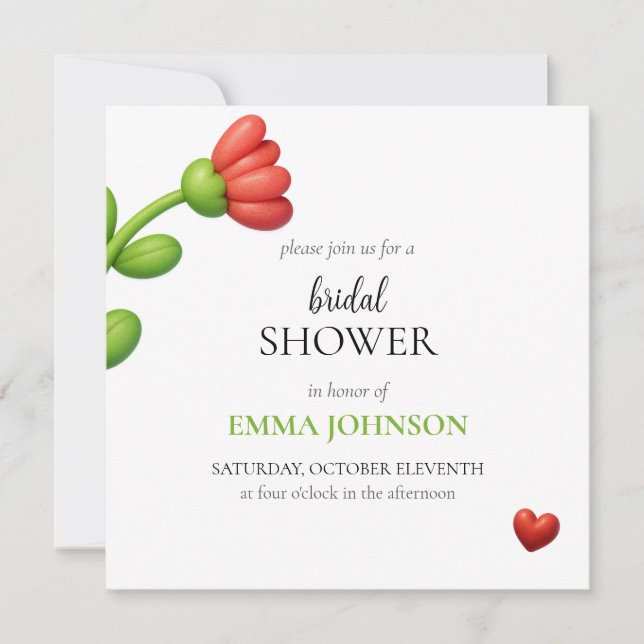 Invitación Elegant Red Flower & Heart Bridal Shower (Anverso)