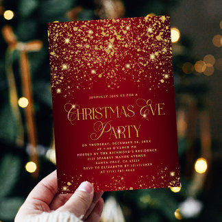 Invitación Elegant Red & Gold Glitter Christmas Eve Party