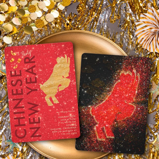 Invitación Elegant Red Gold Glitter Goat Lunar New Year Party (Subido por el creador)