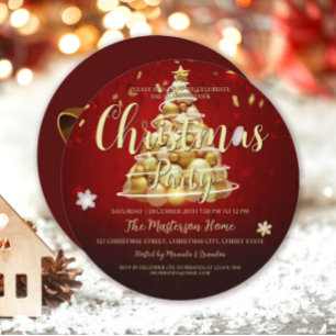 Invitación Elegant Red Gold Round Christmas and Holiday Party