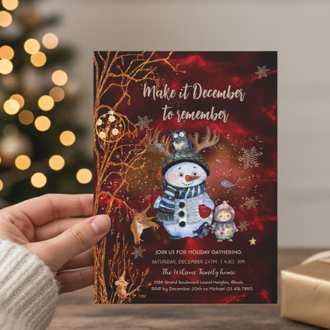 Invitación Elegant Red Gold Snowman & Characters Christmas (Elegant Red Gold Snowman & Characters Christmas Invitation)