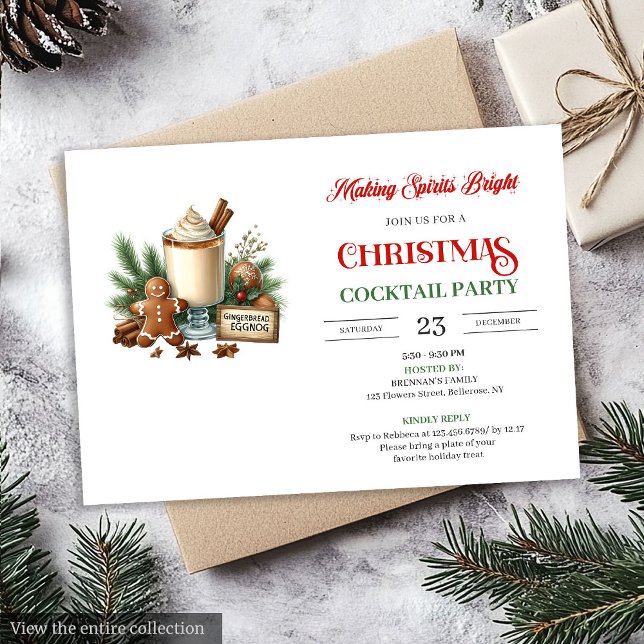 Invitación Elegant Red Green Holiday Cocktails Party Invite (Elegant Red Green Holiday Cocktails Invitation)