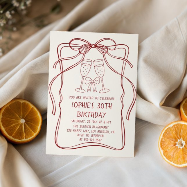 Invitación Elegant Red Line Art Bow & Champagne 30th Birthday (Subido por el creador)