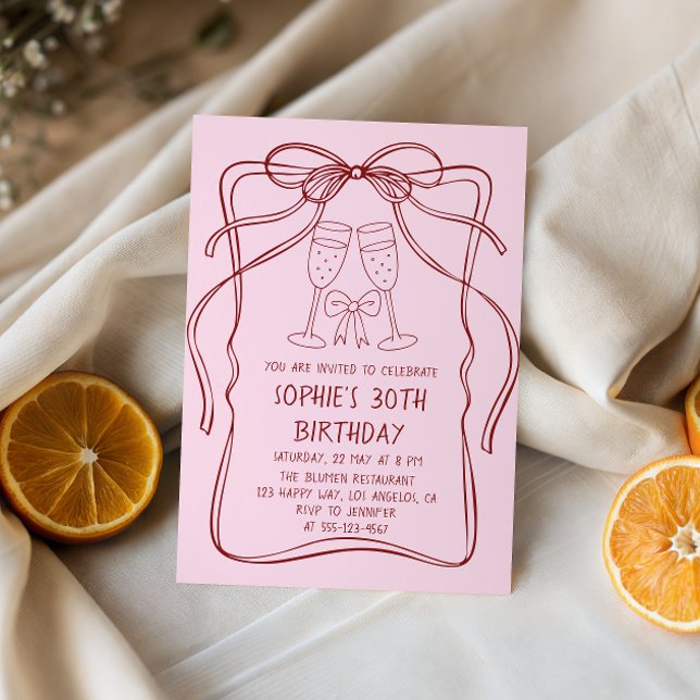 Invitación Elegant Red Line Art Bow & Champagne 30th Birthday (Subido por el creador)