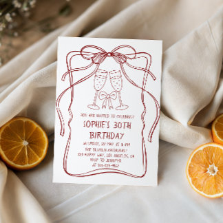 Invitación Elegant Red Line Art Bow & Champagne 30th Birthday