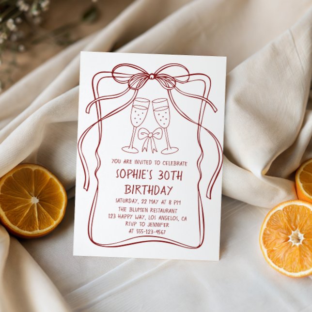 Invitación Elegant Red Line Art Bow & Champagne 30th Birthday (Subido por el creador)