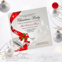 Invitación Elegant Red Loop Silver Bells Christmas