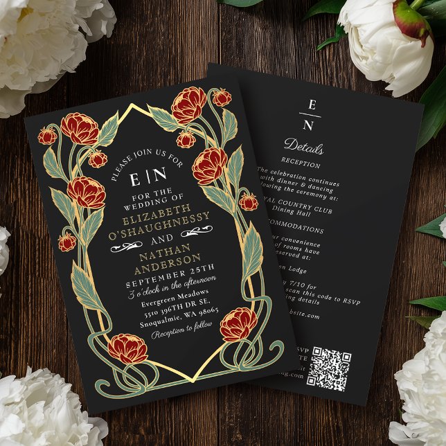 Invitación Elegant Red Peony Art Nouveau QR Code Wedding (Subido por el creador)