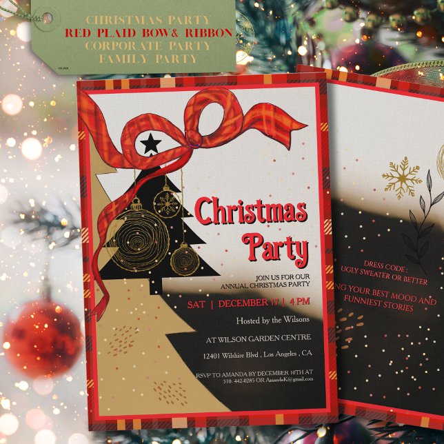Invitación Elegant Red Plaid Ribbon Christmas Party  (Elegant Red Plaid Ribbon Christmas Party Invitation)