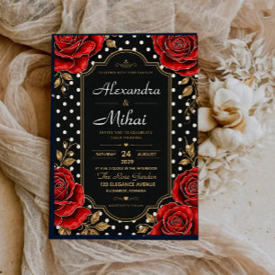 Invitación Elegant Red Rose Black and Gold Floral Polka Dot