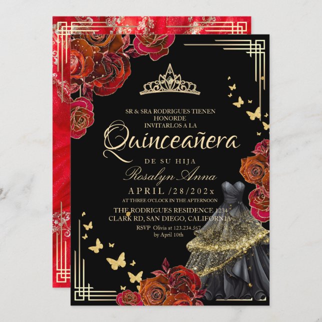 Invitación Elegant Red Rose Black Gold Butterfly Quinceañera (Anverso / Reverso)