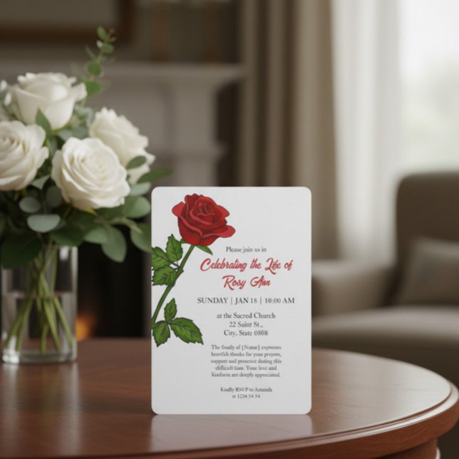 Invitación Elegant Red Rose "Celebrating the Life" Funeral  (Subido por el creador)