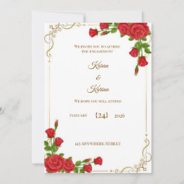 Invitación Elegant Red Rose Engagement Invitation with Gold C